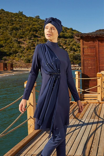 Adasea Kadın Likralı Tam Kapalı Tesettür Mayo Tül İnci Detaylı 4248 - 7