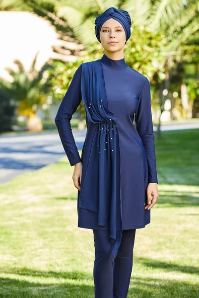 Adasea Kadın Likralı Tam Kapalı Tesettür Mayo Tül İnci Detaylı 4248 - 8