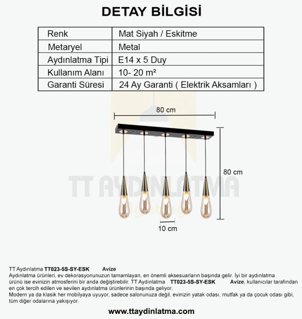 TT Aydınlatma TT023-5S-SY-ESK  Eskitme 5 li Damla Modeli Sıralı Av - 4