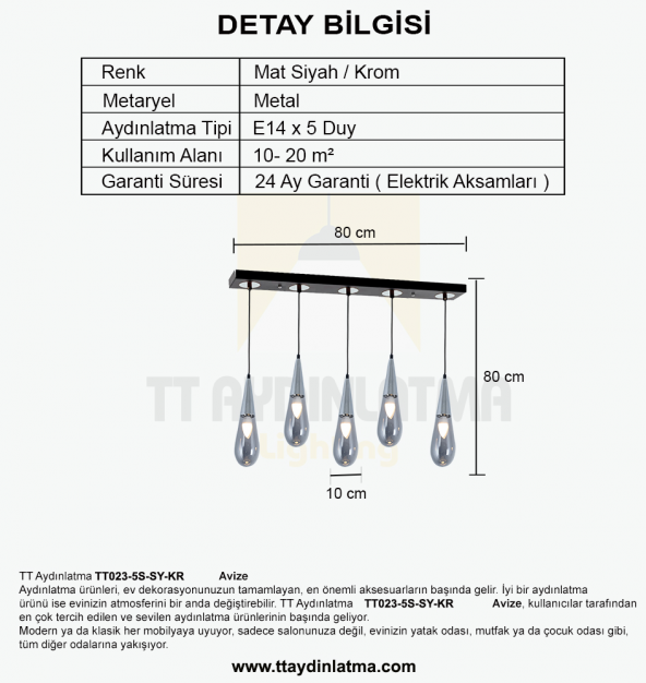 TT Aydınlatma TT023-5S-SY-KR  Krom 5 li Damla Modeli Sıralı Avize - Resim 4