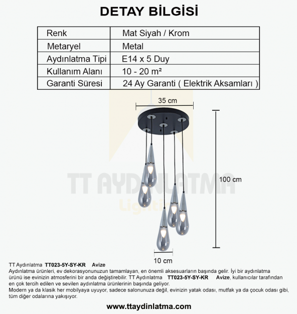 TT Aydınlatma TT023-5Y-SY-KR  Krom 5 li Damla Modeli Avize - 4