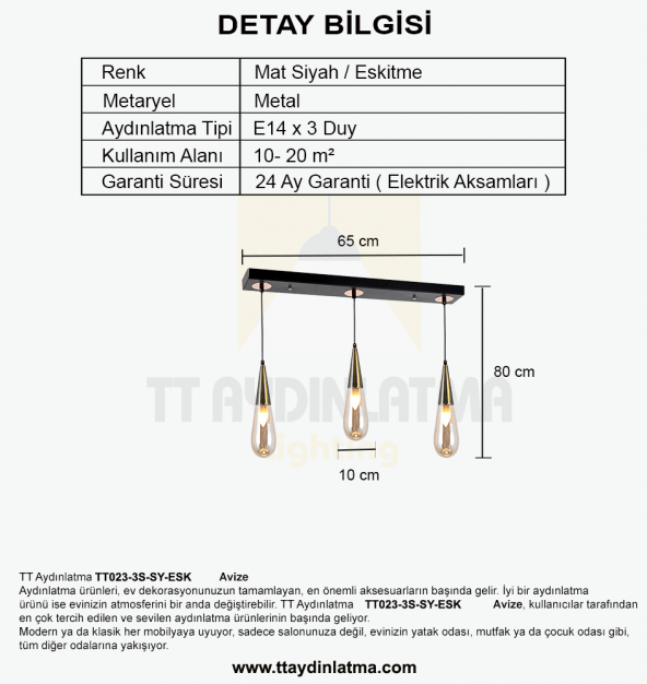 TT Aydınlatma TT023-3S-SY-ESK  Eskitme 3 lü Damla Modeli Sıralı Av - 4