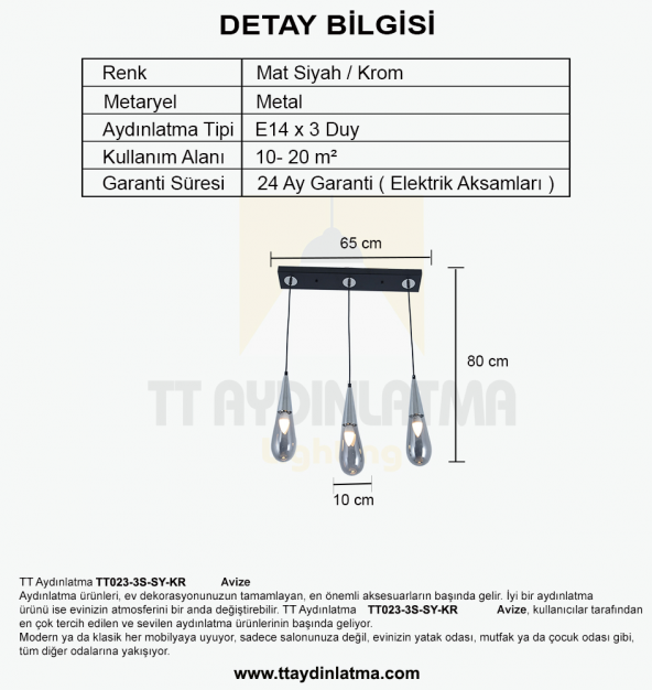 TT Aydınlatma TT023-3S-SY-KR  Krom 3 lü Damla Modeli Sıralı Avize - 3