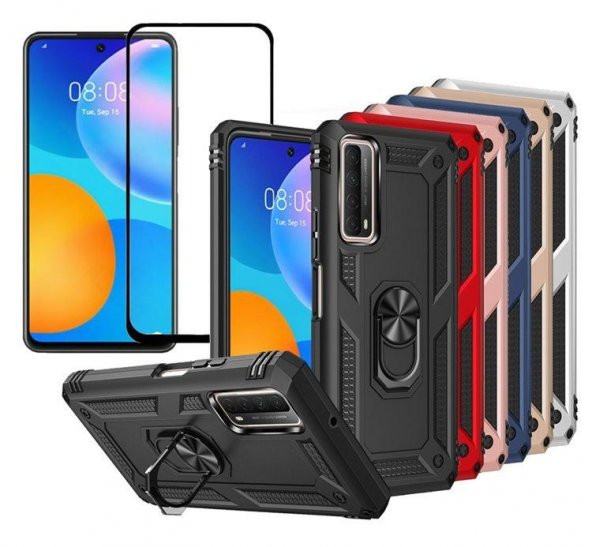 Huawei P Smart 2021 Kılıf Vega Yüzüklü Standlı Silikon + 5D Tam Ekran Cam - 1