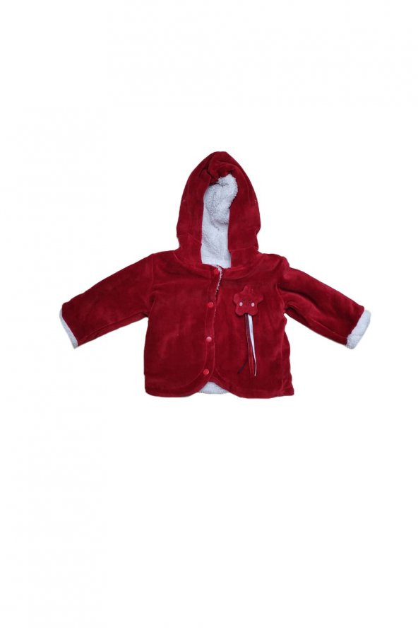 Kız Bebek Kadife Kapüşonlu Çıt Çıtlı Peluş Astarlı Ceket
