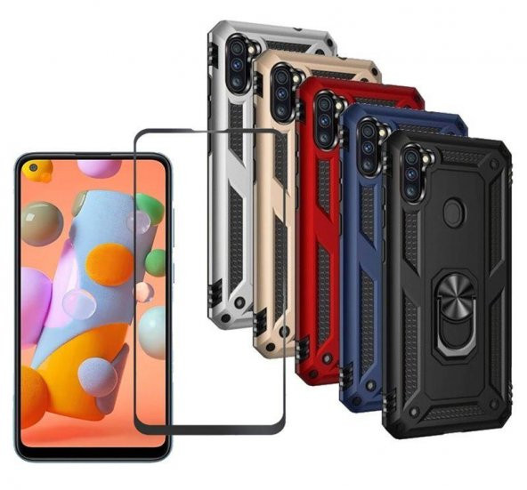 Samsung Galaxy A11 Kılıf Vega Yüzüklü Standlı + 5D Tam Ekran Koruyucu Cam ürün görseli