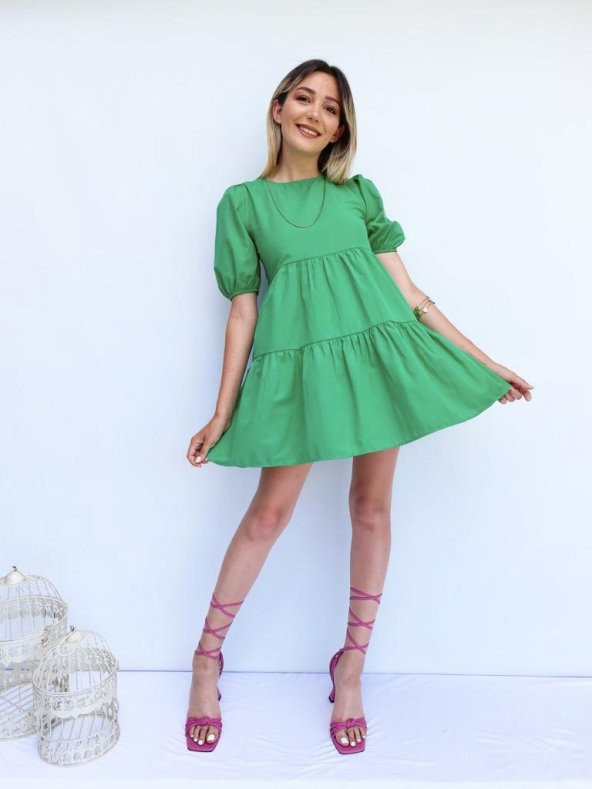 Kadın Sırt Pencere Detay Yeşil Mini Elbise