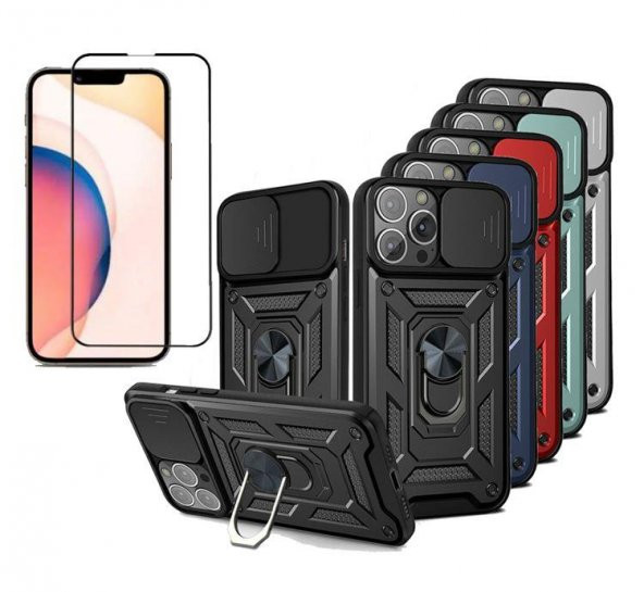 İphone 13 Pro Kılıf Yüzüklü Standlı Kamera Korumalı + Tam Ekran Koruyucu ürün görseli
