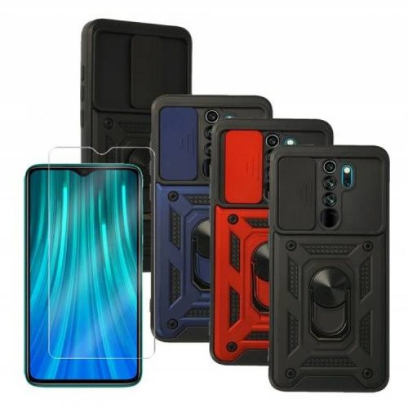 Xiaomi Redmi Note 8 Pro Kılıf Yüzüklü Standlı Kamera Korumalı + Ekran Koruyucu Nano Cam