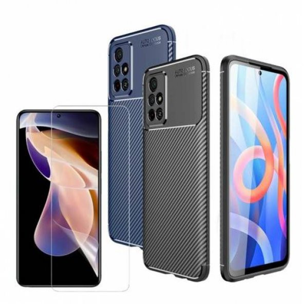 Xiaomi Poco M4 Pro 5G Kılıf Silikon Karbon Kamera Korumalı +Kırılmayan Nano Cam Ekran