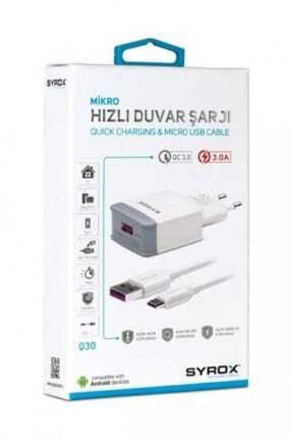 Beyaz Q30 Microusb Girişli 3.0 Amper Hızlı Şarj Aleti