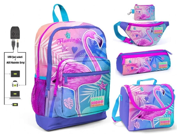 Coral High Pembe Flamingo Baskılı Kız Çocuk İlkokul 5'li Çanta Seti - USB Soketli