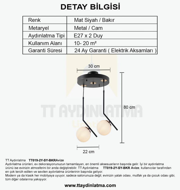 TT Aydınlatma TT019-2Y-SY-BKR  Mat Siyah - Bakır 2 li Dirsek Kol A - 4