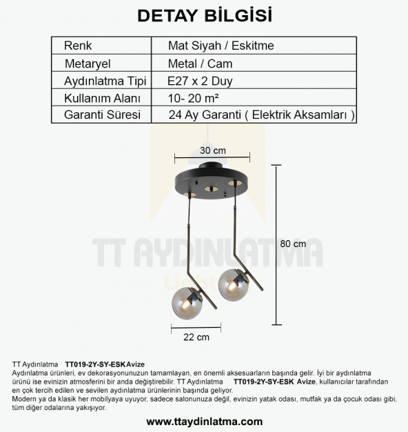 TT Aydınlatma TT019-2Y-SY-ESK  Mat Siyah - Eskitme 2 li Dirsek Kol - 4