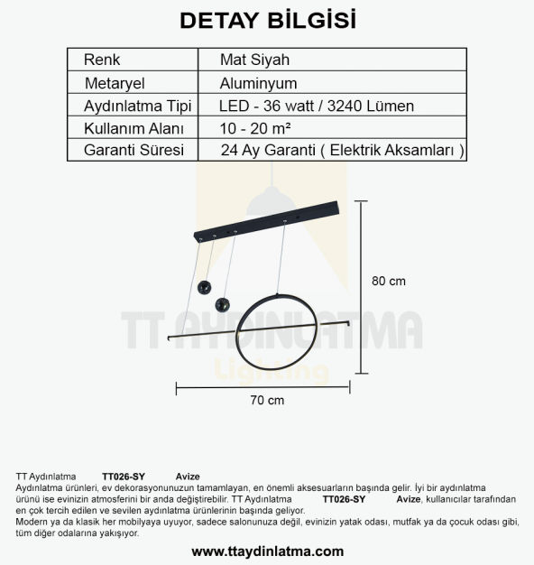 TT Aydınlatma TT026-SY  Mat Siyah Led Avize - Resim 3