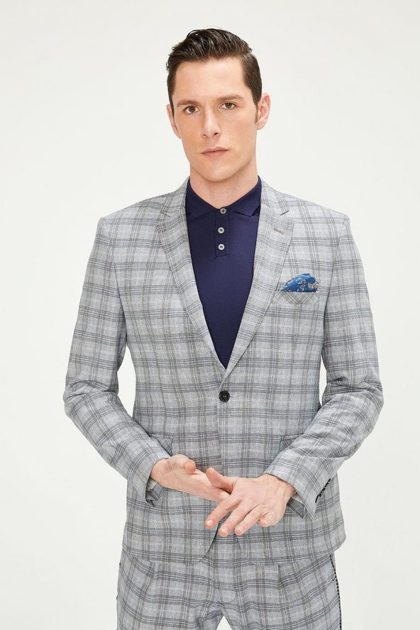 CEKMON Erkek Kareli Regular Fit Cepli Rahat Klasik Blazer Ceket