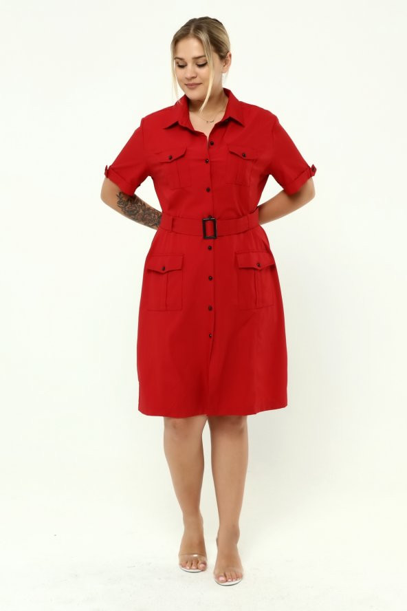 Schık Kadın Büyük Beden Cepli Düğmeli Kemerli Elbise Kırmızı SCKWM22EL05