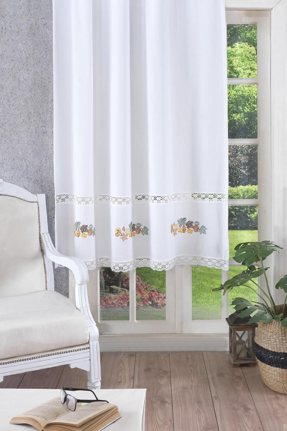 Ajurlu Dantelli Yaprak Nakışlı Fon Perde  Beyaz 150 x 100 - 1