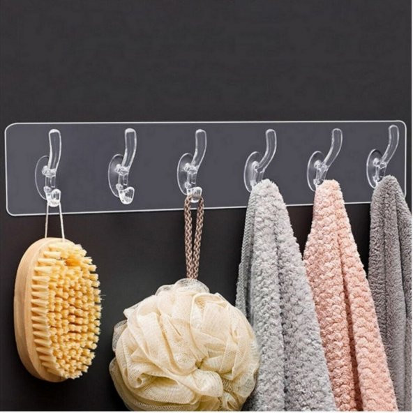 6lı Yapışkanlı Şeffaf Duvar Askısı Banyo Mutfak Düzenleyici Askı Pratik Kanca Askılık - 2