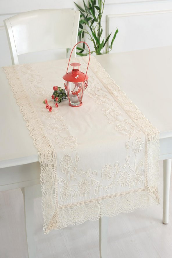 Buldan Kumaşı Dantelli İplik İşlemeli Runner  Naturel 50 x 130