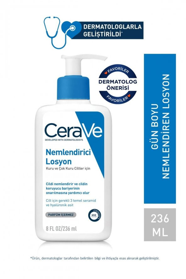 CERAVE Nemlendirici Losyon Kuru Ciltler Seramid ve Hyalüronik Asit İçerikli Yüz Vücut 236ml