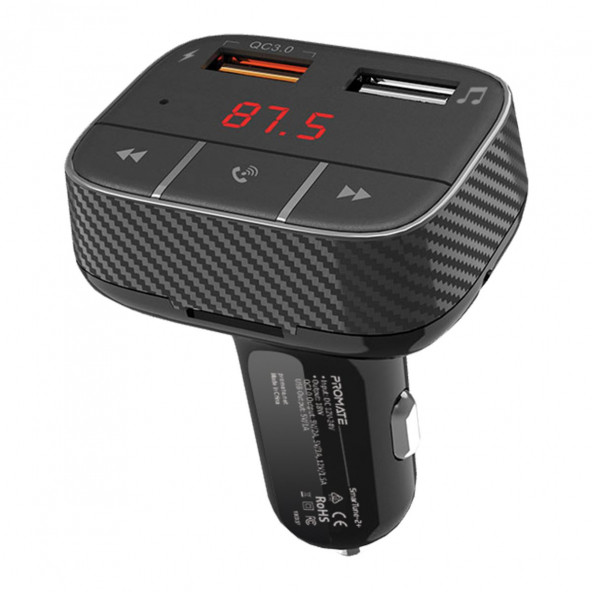 Promate Smartune-2+ Fm Transmitter Ultra Hızlı Şarj Çıkışlı Eller Serbest Fonksiyon