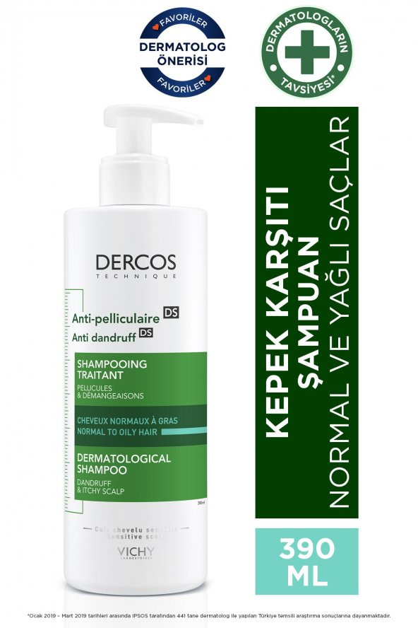 VICHY Dercos Anti-Dandruff Normal ve Yağlı Saçlar İçin Kepeğe Karşı Etkili Bakım Şampuanı 390 ml