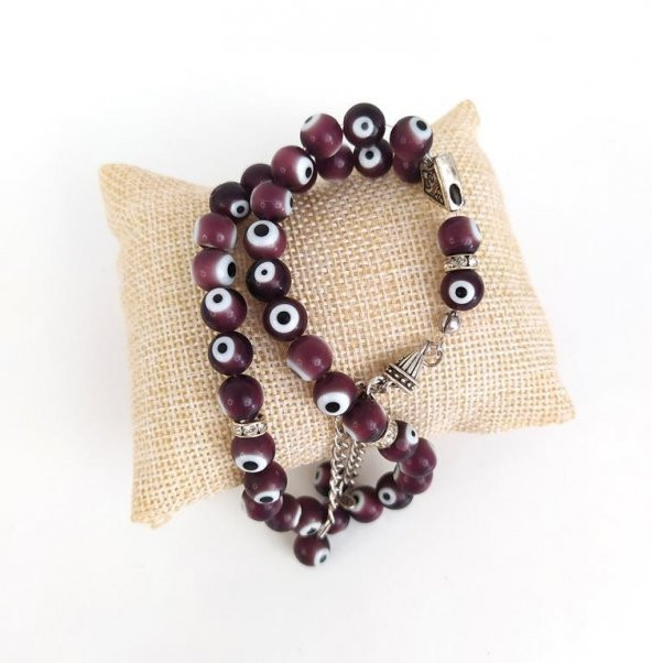 Tesbih Cam 8 mm Nazar Boncuklu Kötü göz kovucu el işi Mor Renk Hediyelik Hakiki Cam Tespih - 2