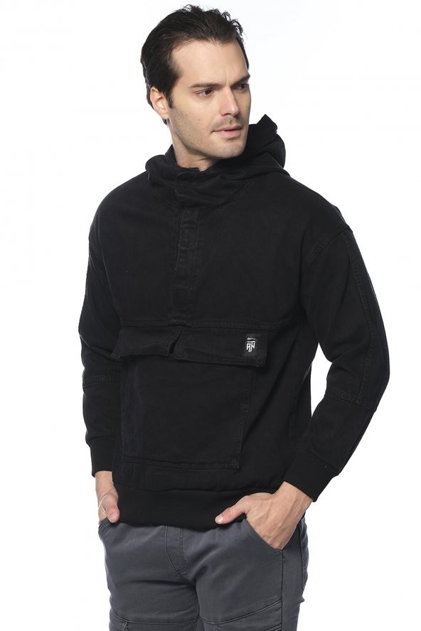 Erkek Kapüşonlu Kanguru Cepli Kot Sweatshirt - 2