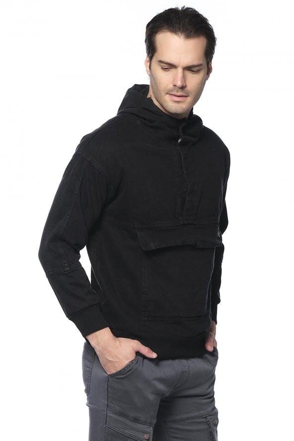 Erkek Kapüşonlu Kanguru Cepli Kot Sweatshirt - 3
