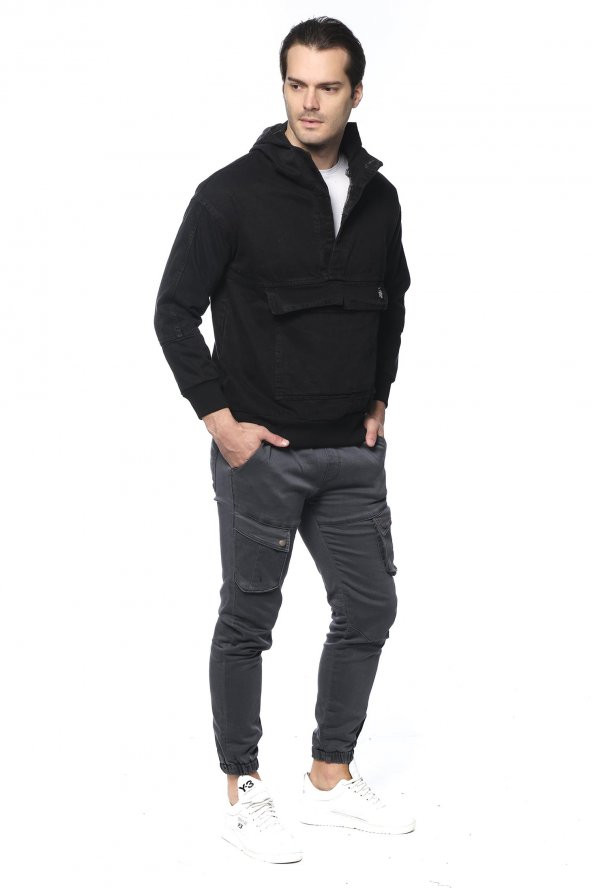 Erkek Kapüşonlu Kanguru Cepli Kot Sweatshirt - 5