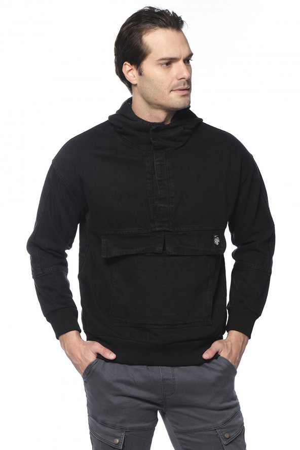 Erkek Kapüşonlu Kanguru Cepli Kot Sweatshirt - 6