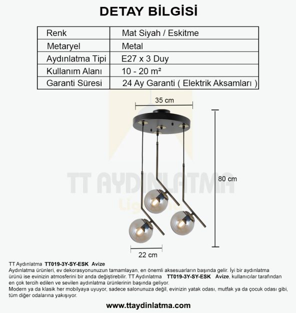 TT Aydınlatma TT019-3Y-SY-ESK  Eskitme 3 lü Dirsek Kol Yuvarlak Av - 4