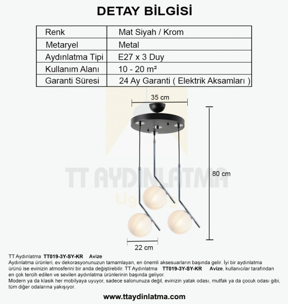 TT Aydınlatma TT019-3Y-SY-KR  Krom 3 lü Dirsek Kol Yuvarlak Avize - 4