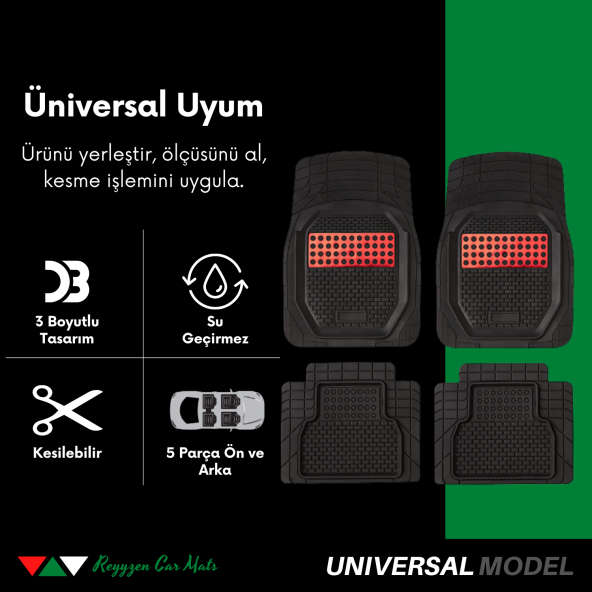 Reyyzen Citroen C5 Paspas Üniversal Oto Paspas 3D Havuzlu Kesilebilir Kırmızı 2008 Sonrası - 3
