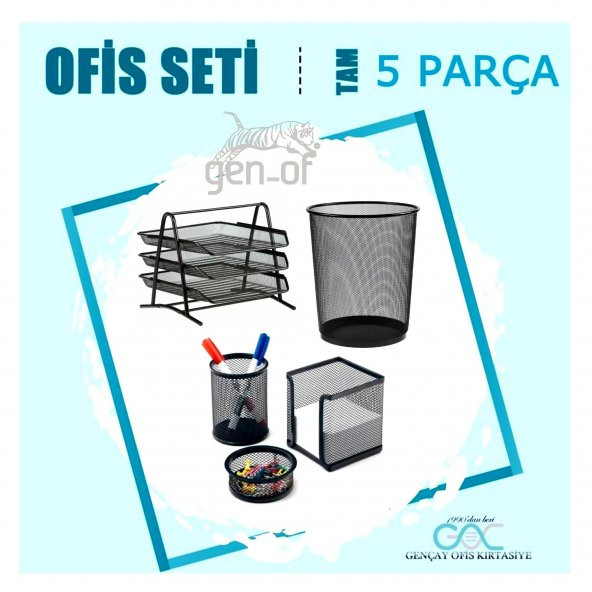 Gen-Of 5 Parça Ofis Seti Çöp Kovası + Metal Evrak Rafı+Masa Seti 3lü - 3
