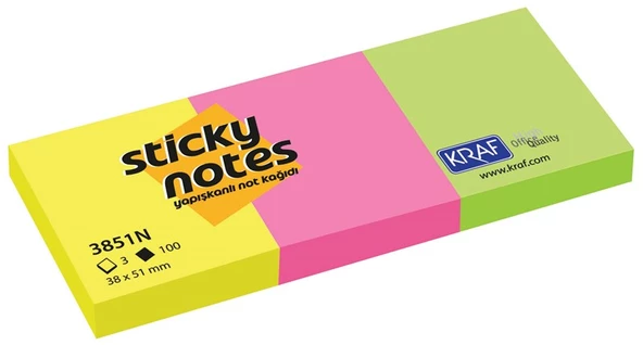 Kraf Yapışkanlı Not Kağıdı 38X51 Neon 3851N 3Lü