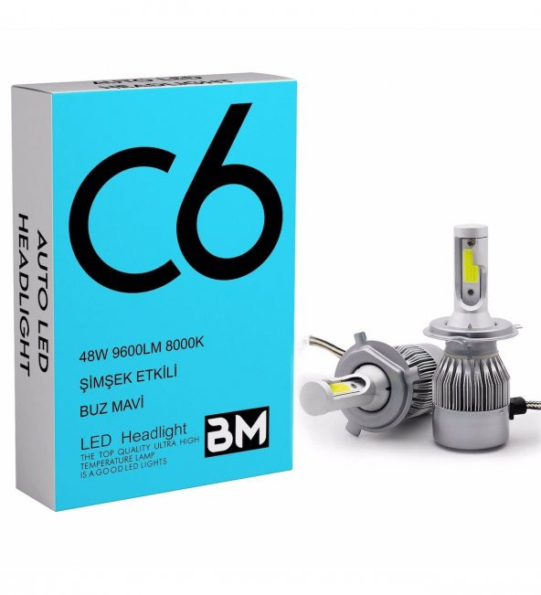 Buz Mavi C6 LED XENON 2 Adet H4 Uzun Kısa Led Xenon 48W 6900LM 8000K Far Ampülü seri BM