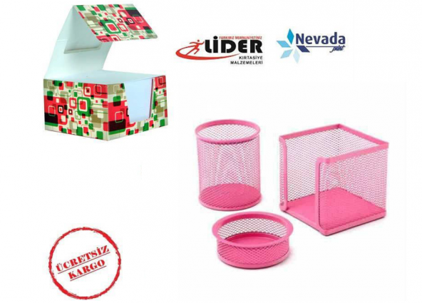 3 LÜ KALEMLİK SETİ METAL PEMBE PERFORE +KÜP NOT KAĞIDI