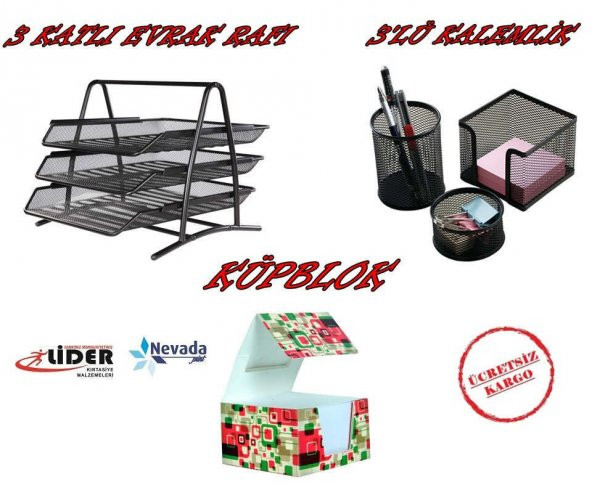 3 KATLI METAL EVRAK RAFI + KALEMLİK SETİ + KÜP NOT KAĞIDI - 1