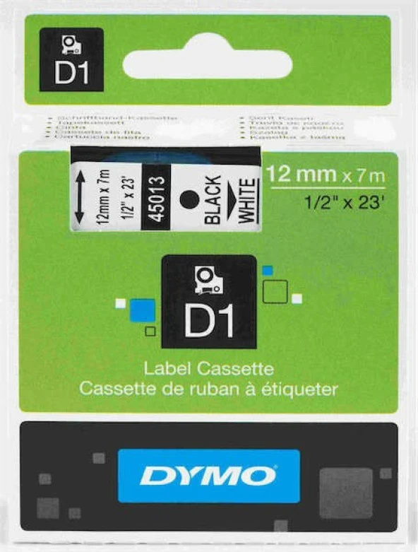 45013 Dymo D1 Etiket 12MM X 7M Beyaz  Siyah