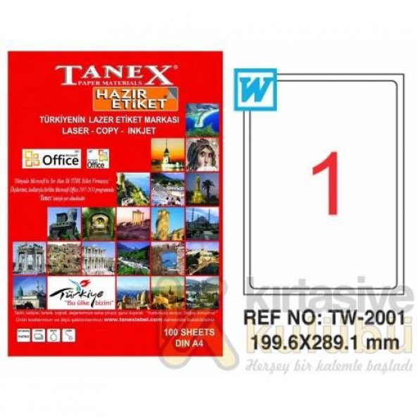 Tanex A4 Laser Etiket 199.6 X 289.1 MM. Tw-2001