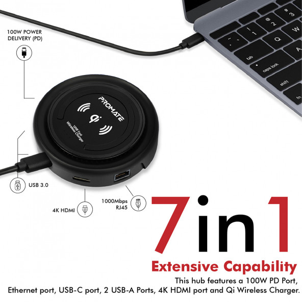 Promate CenterHub Type-C Hub Çoklayıcı Dönüştürücü İstasyon Adaptör 11 in 1 Arada 87w Wireless Telefon Şarjlı - 3