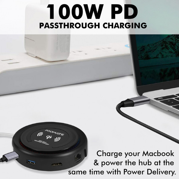 Promate CenterHub Type-C Hub Çoklayıcı Dönüştürücü İstasyon Adaptör 11 in 1 Arada 87w Wireless Telefon Şarjlı - 7