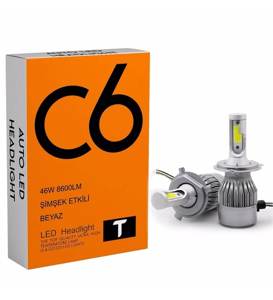 C6 LED XENON 2 Adet H4 Uzun Kısa Led Xenon 46W 8600LM 6500K Far Ampülü Led Işık seri T-T-T