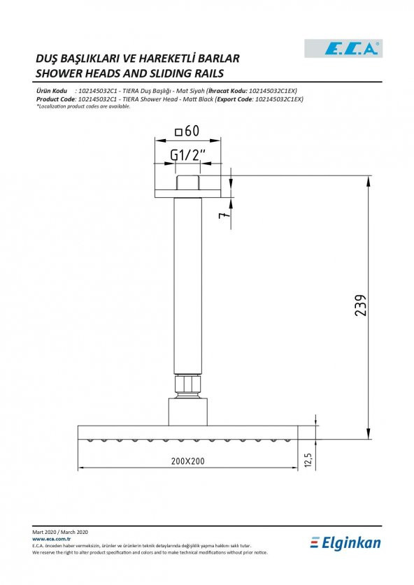 Eca Tiera Tavandan Duş Başlığı Tepe Duşu Mat Siyah 102145032C1 - 2