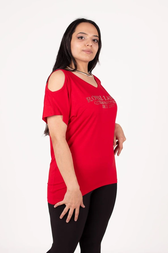 Truva Xxl Büyük Beden Kadın Giyim Taş Baskı Omuz Detay Tshirt Renkli BZ824