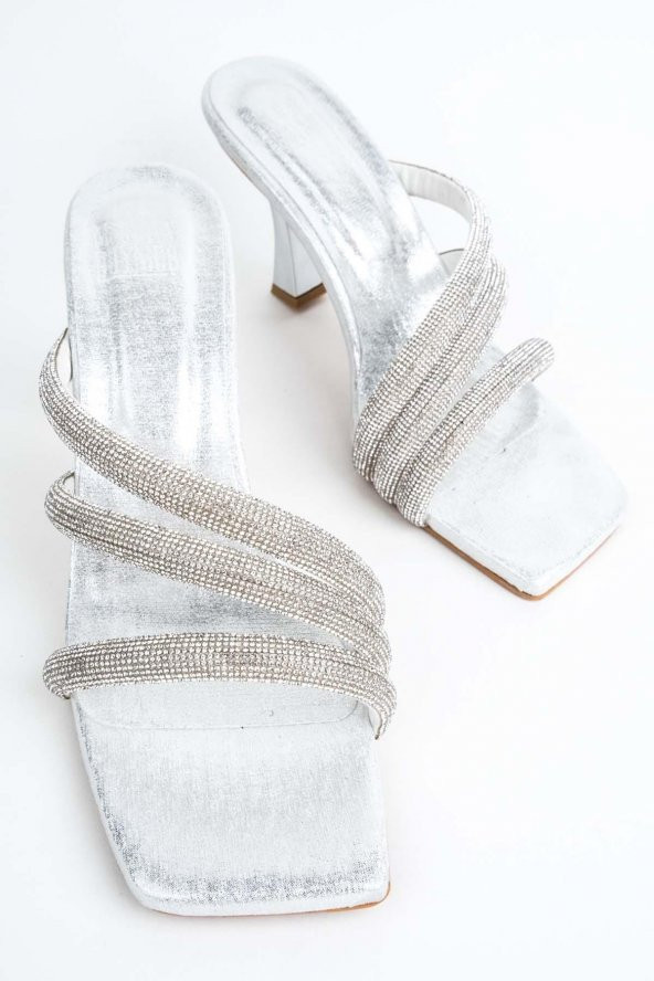 Flap Gümüş Kadeh Topuklu Taşlı Abiye Terlik - 4