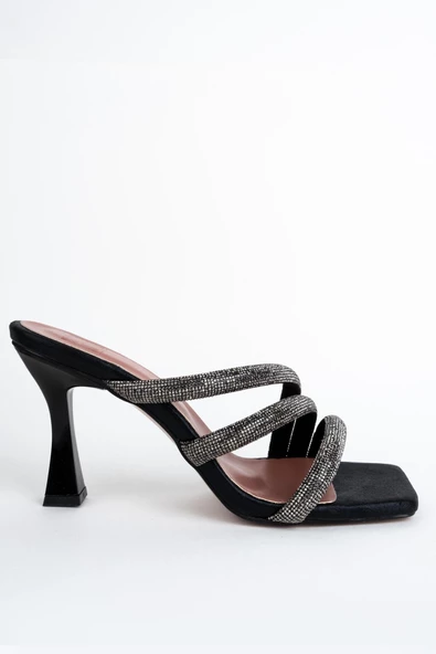 Flap Siyah Kadeh Topuklu Taşlı Abiye Terlik - 2