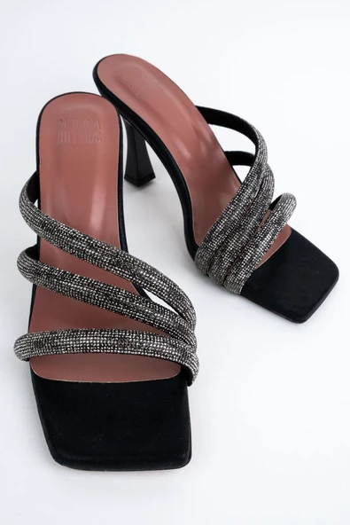 Flap Siyah Kadeh Topuklu Taşlı Abiye Terlik - 4